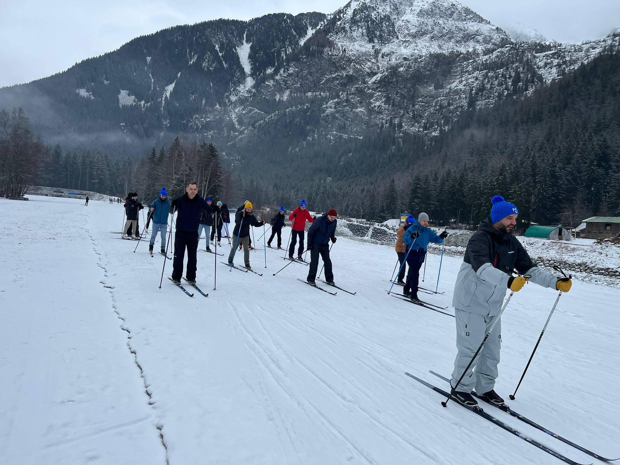MUI team members cross-country skiing.