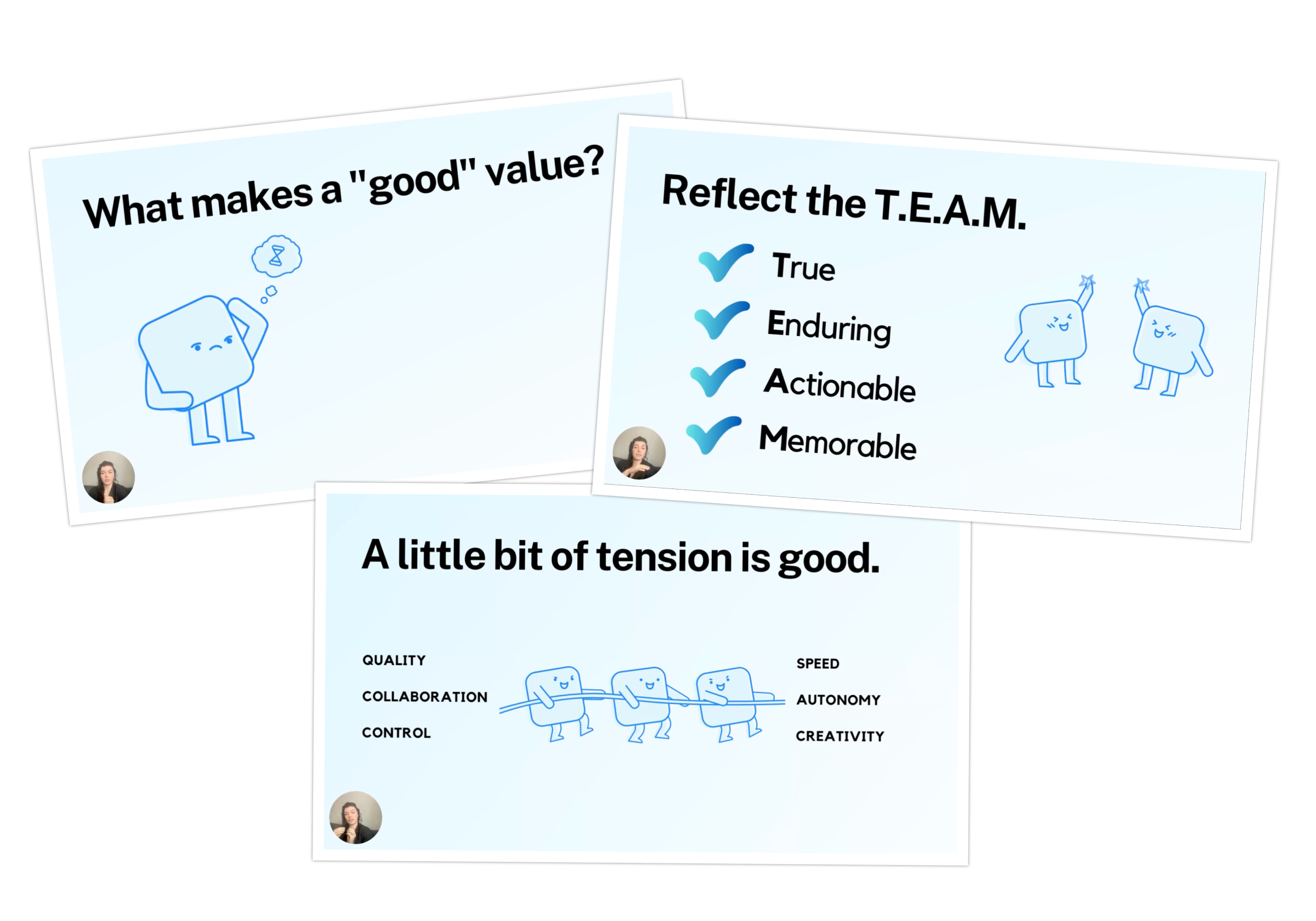 A collage of slides from the values discovery exercise kickoff.