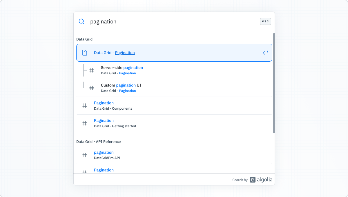 Screenshot of search results for pagination after the documentation restructuring. Now when viewing the MUI X section, only results related to the data grid pagination feature are returned.