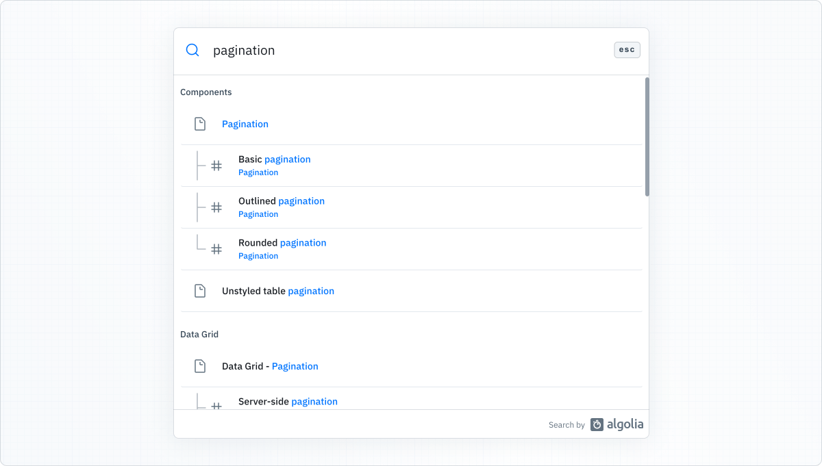 Screenshot of search results for pagination before the documentation restructuring, returning at first results for the Material UI pagination component followed by those for the data grid