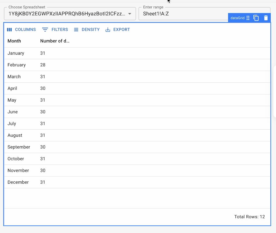 Toolpad app to fetch data from Google sheets